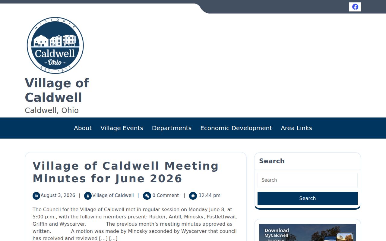 Caldwell court records page visual of official Caldwell village government context