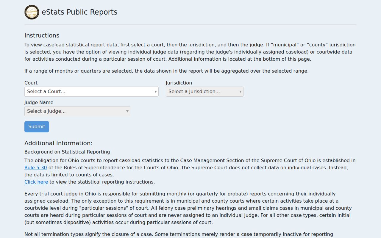 Noble County case search Ohio eStats reporting interface