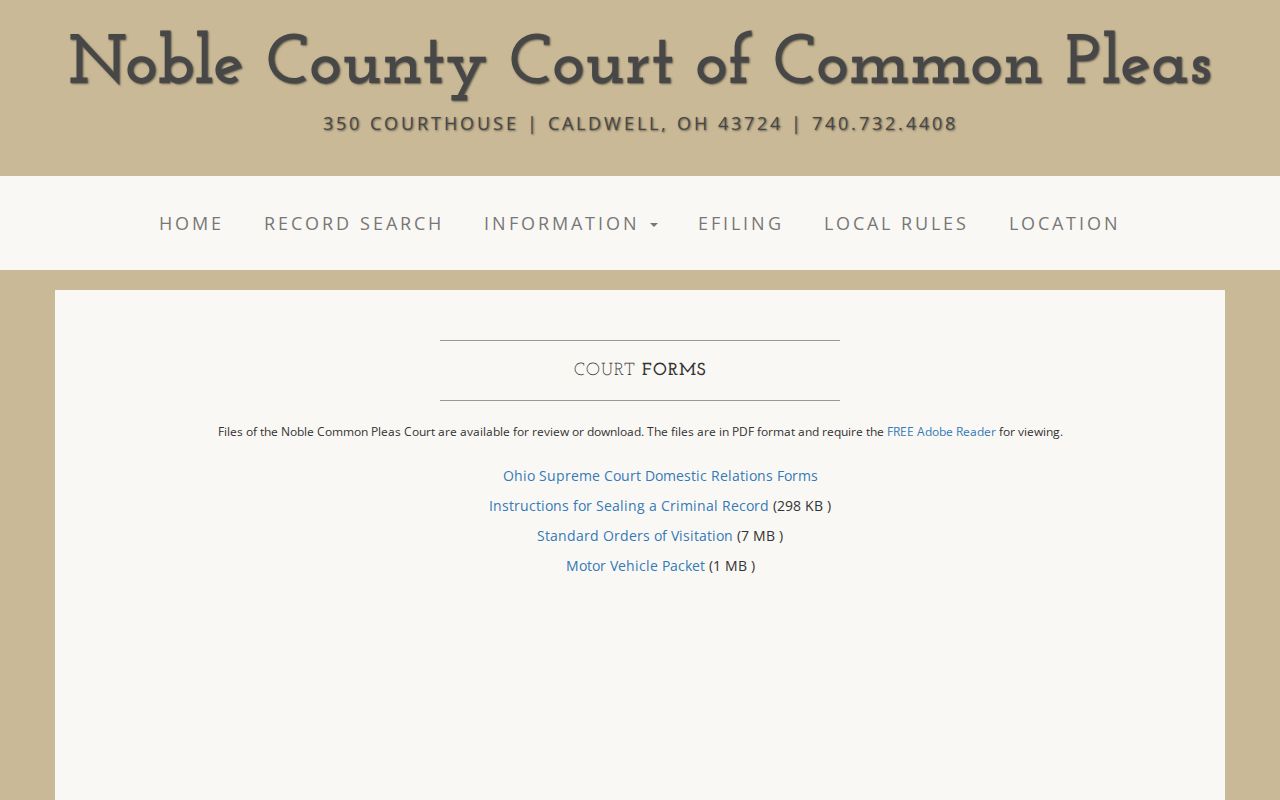 Noble County civil docket Common Pleas forms page