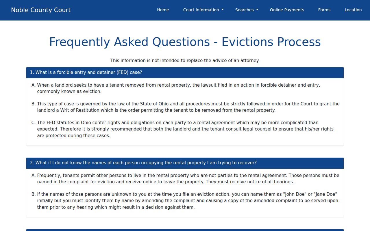 Noble County civil docket County Court eviction service page