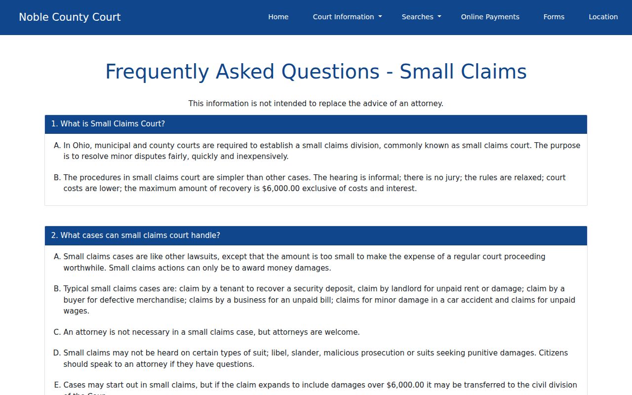 Noble County civil docket County Court small-claims service page
