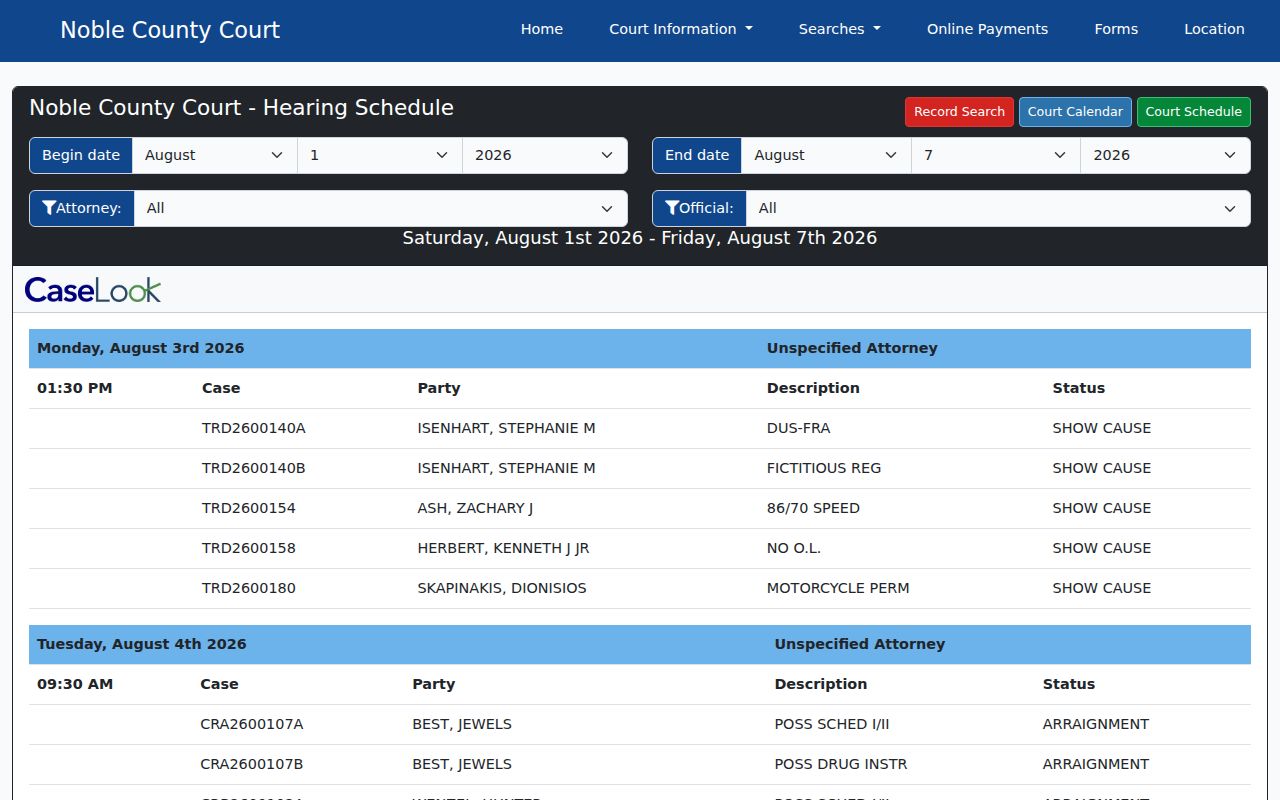 Noble County court calendar County Court date-range schedule controls