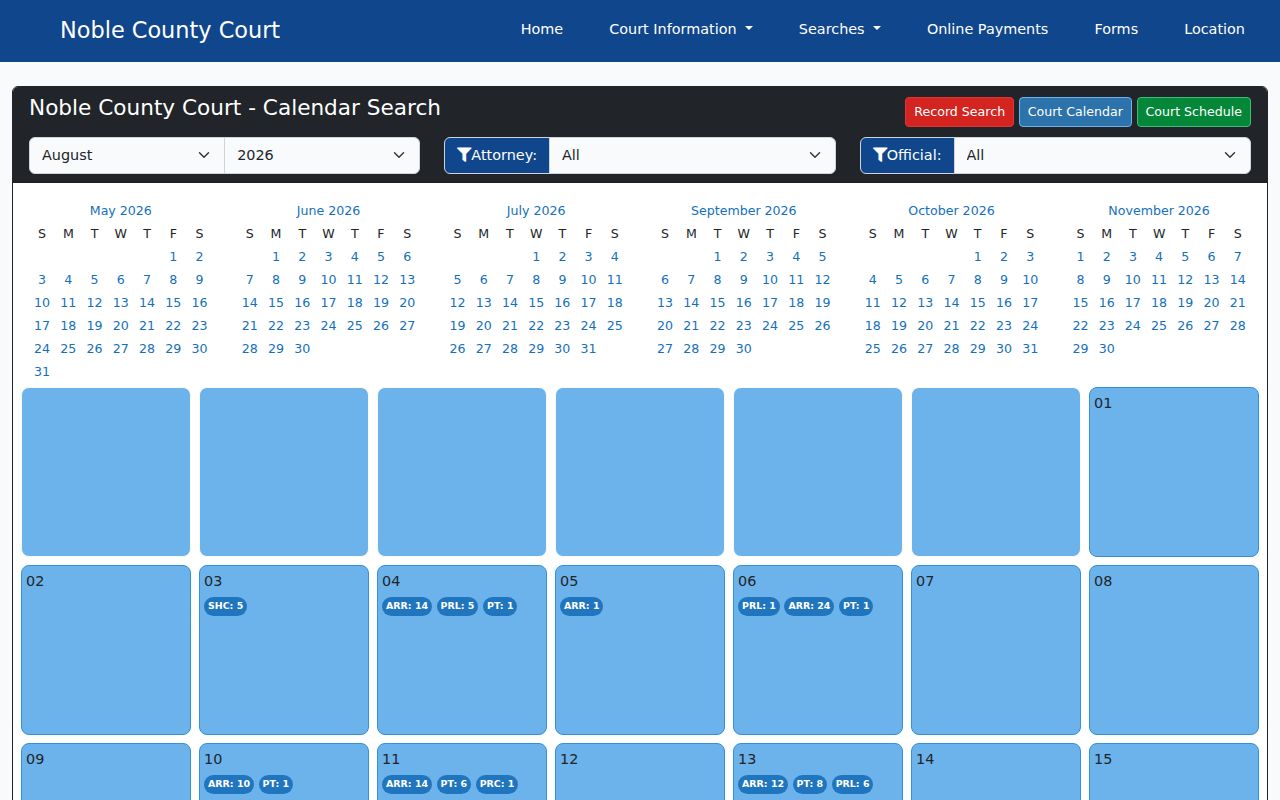 Noble County court calendar County Court month-calendar controls