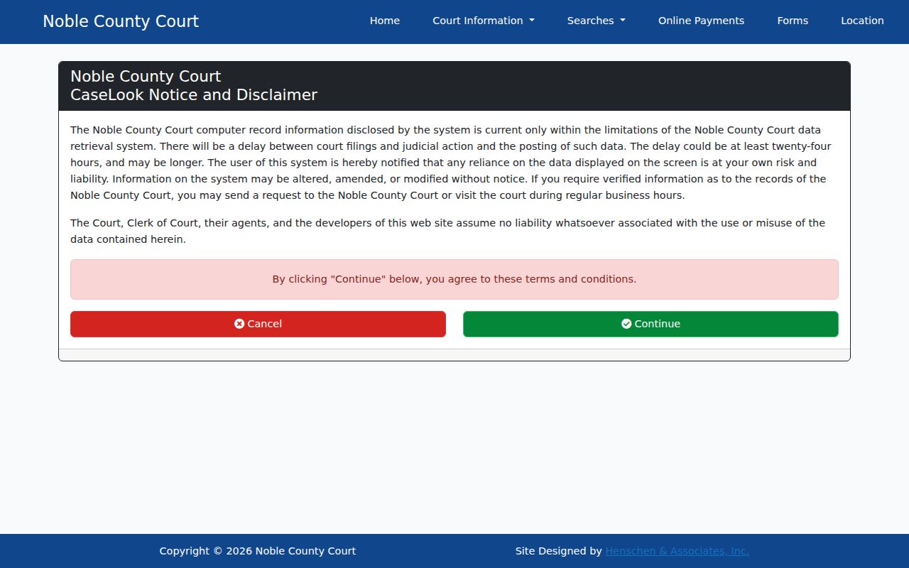 Noble County criminal docket County Court CaseLook search screen