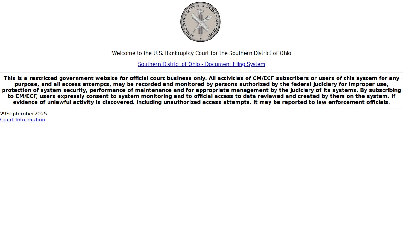 Sarahsville court records page visual of separate bankruptcy CM ECF system
