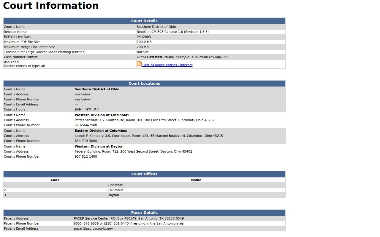 Sarahsville court records page visual of separate federal CM ECF docket system